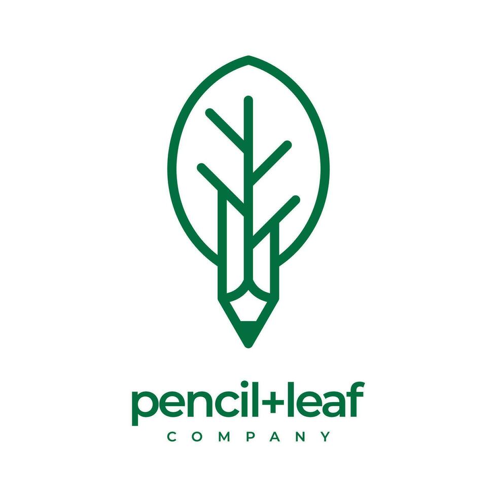 Pencil and leaf in minimalist line art style logo design. Ecology, education, nature, grow, tree, pen, go green. Vector illustration