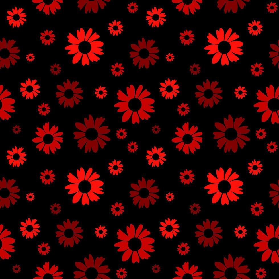 Floral seamless pattern. Botanical fabric print template. Vector illustration with red daisy flowers on black background. Rustic pattern.