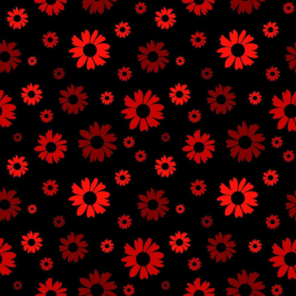 Floral seamless pattern. Botanical fabric print template. Vector illustration with red daisy flowers on black background. Rustic pattern.