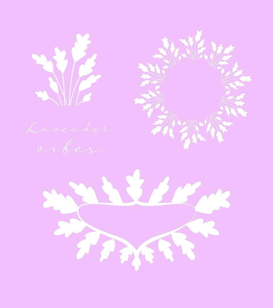 Lavender flower frame set. Cute vector notebook sticker clip art. Lavender vibes quote. Floral wreath.