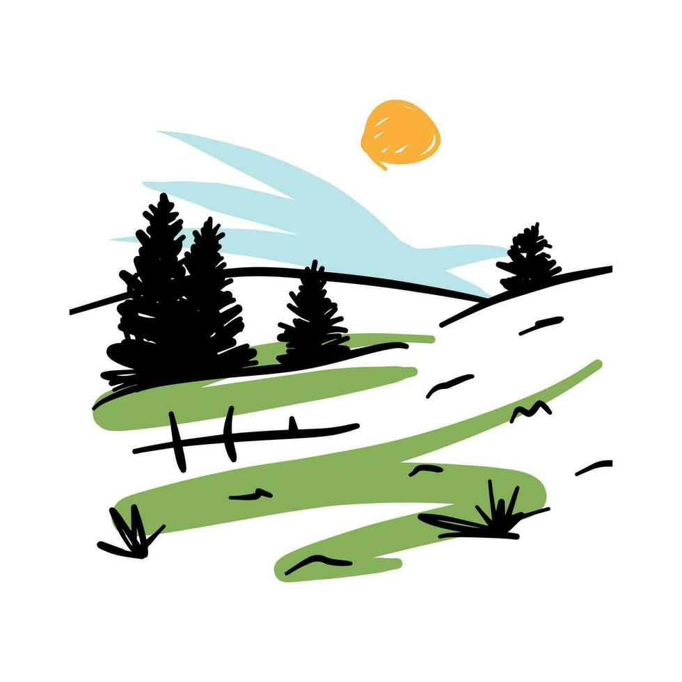 Simple line art nature landscape. Hand drawn rural scene. Vector meadow sketch, pine trees drawing.