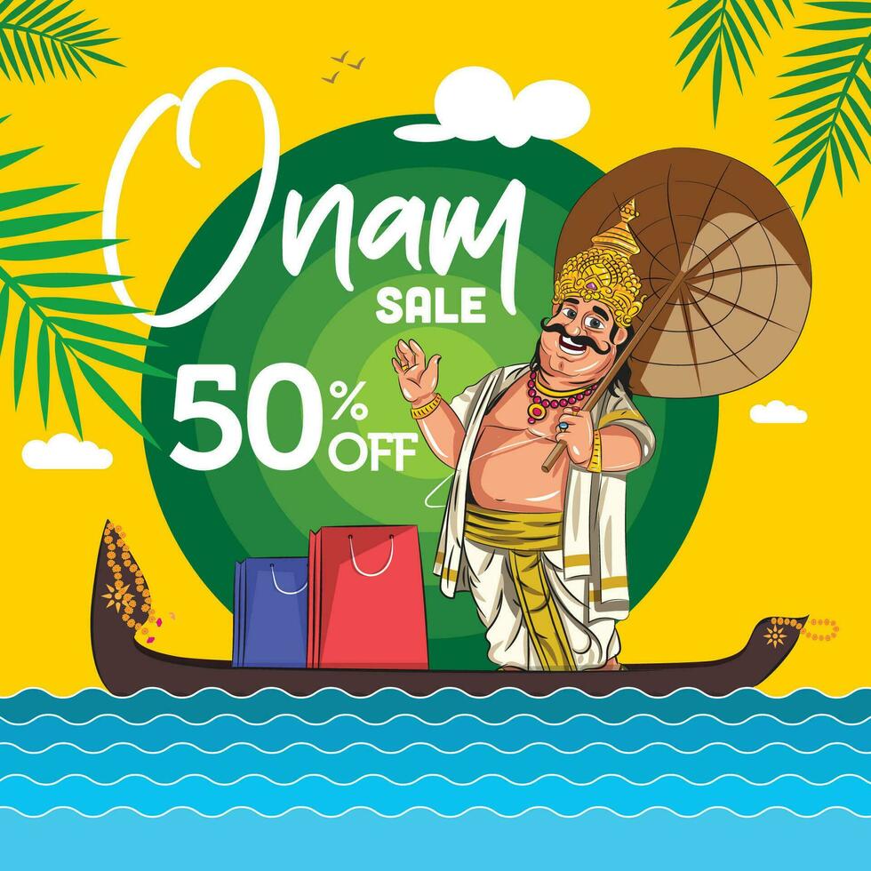 Onam sale template. illustration of King Mahabali stading in boat also called as  Aranmula boat with shopping bags vector