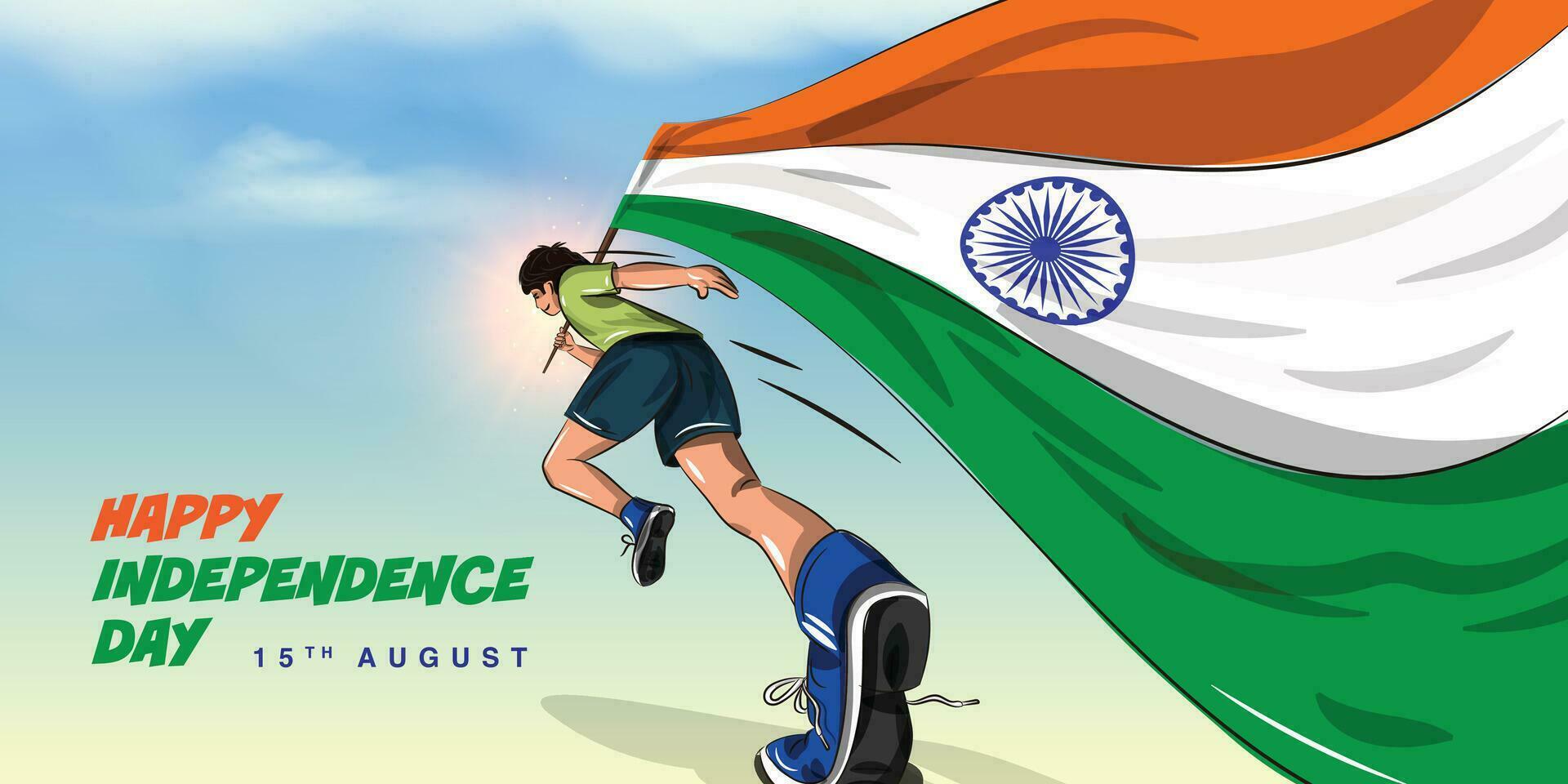 vector ilustración de independencia día de India. joven chico corriendo con indio bandera.