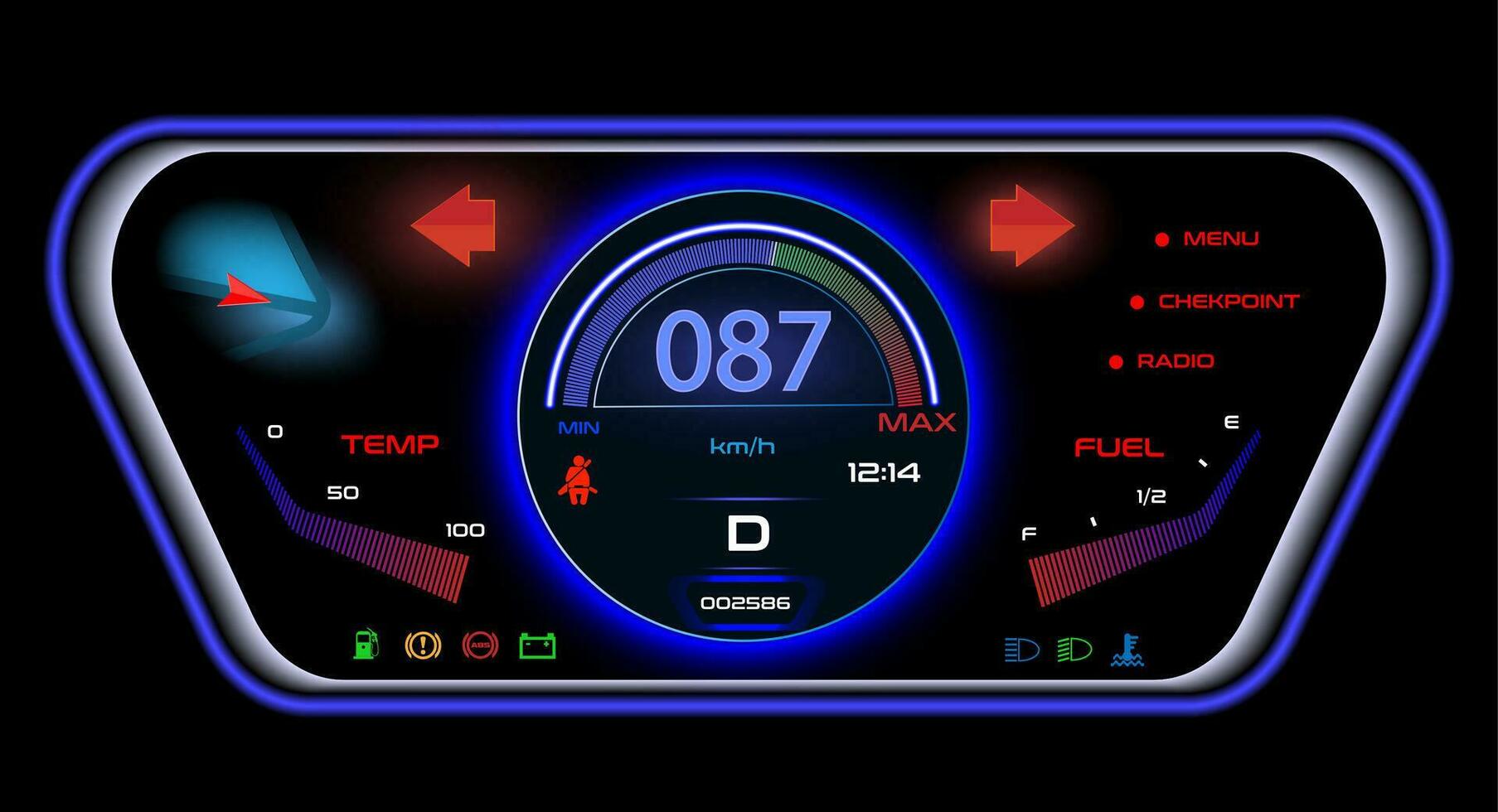 Dashboard of a car, motorcycle scooter in red blue neon colors vector