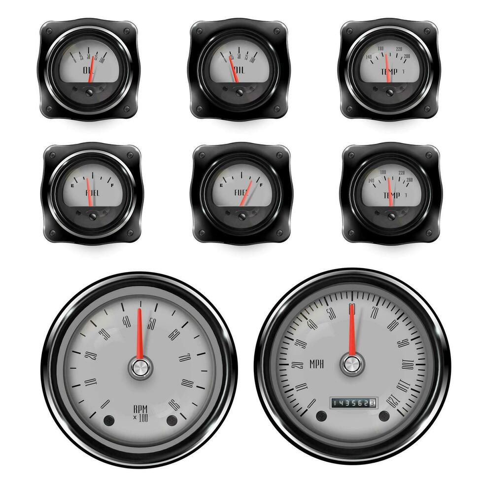 Dashboard of a retro car with arrow indicators. Vintage transport decoration. vector