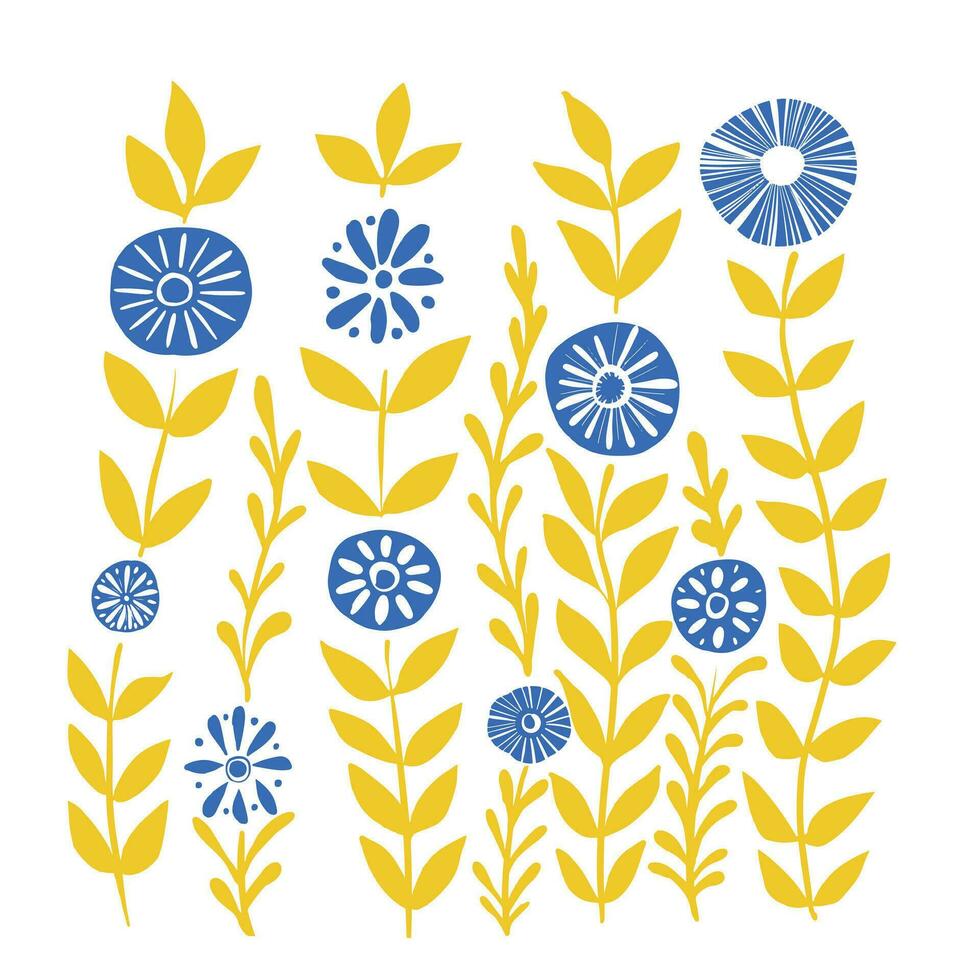 Blue flowers with yellow leaves abstraction.Children's drawing. vector