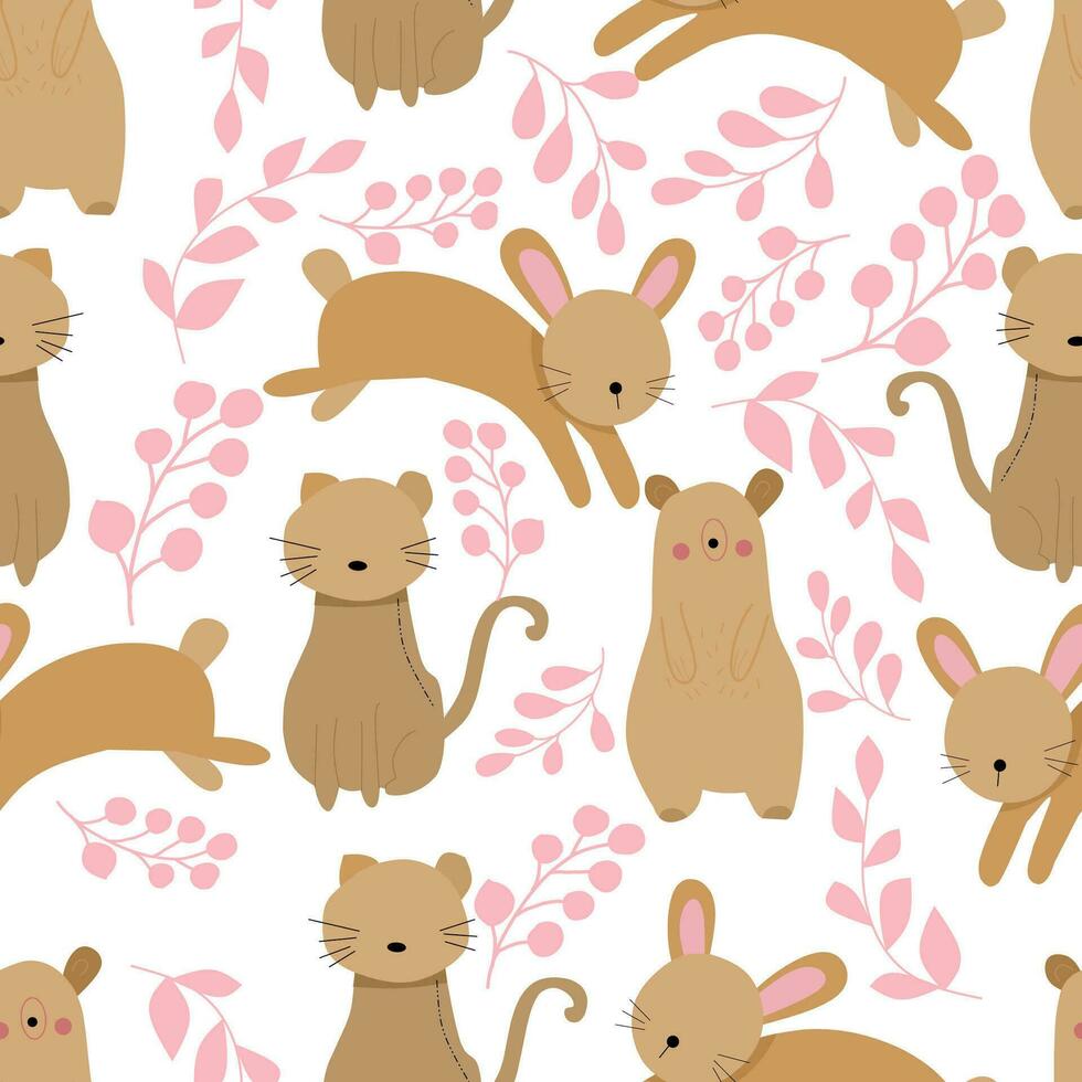 Cat, Bear, and Rabbit Seamless Pattern vector