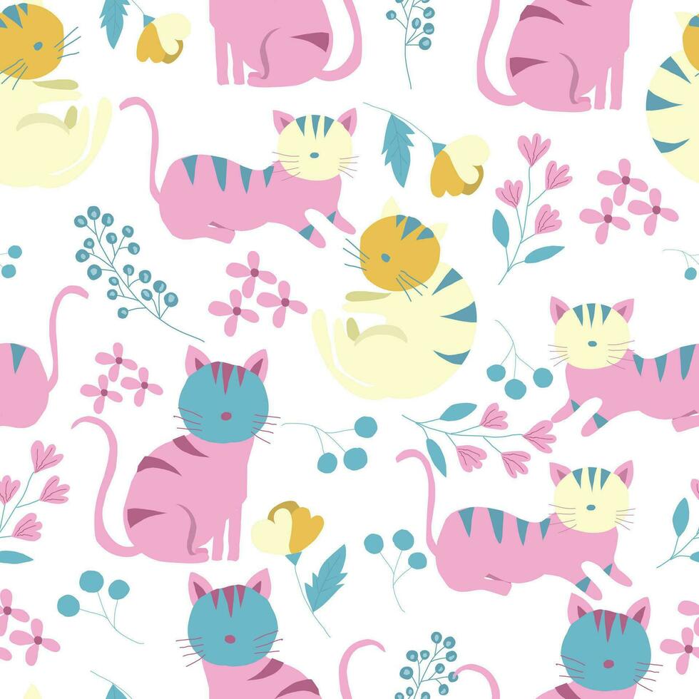 Cute Cats Hand Drawn Seamless Pattern vector
