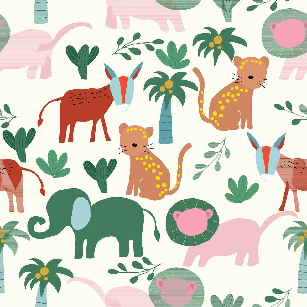 Cute Tropical Animal Hand Drawn Seamless Pattern vector