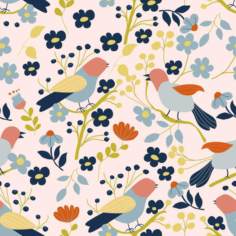 Vintage Tropical Bird Hand Drawn Seamless Pattern vector