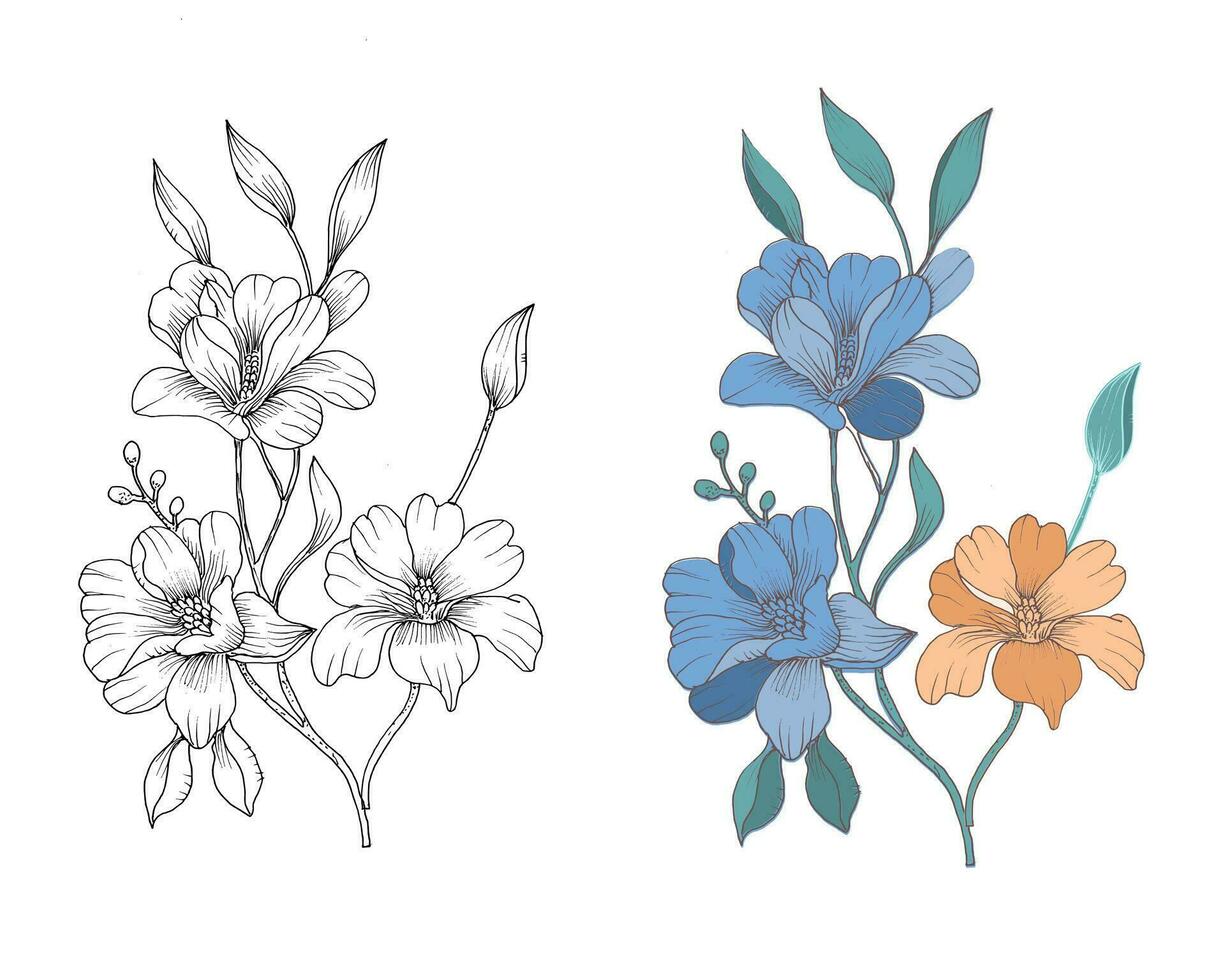 Blue Orange Hand Drawn Rose Flower Wreath vector