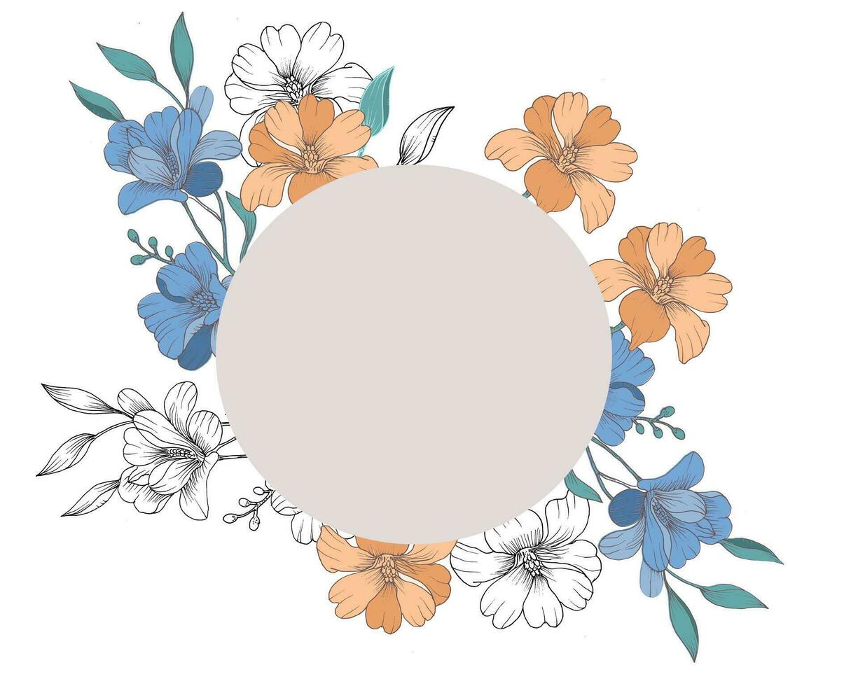 Blue Orange Hand Drawn Rose Flower Wreath vector