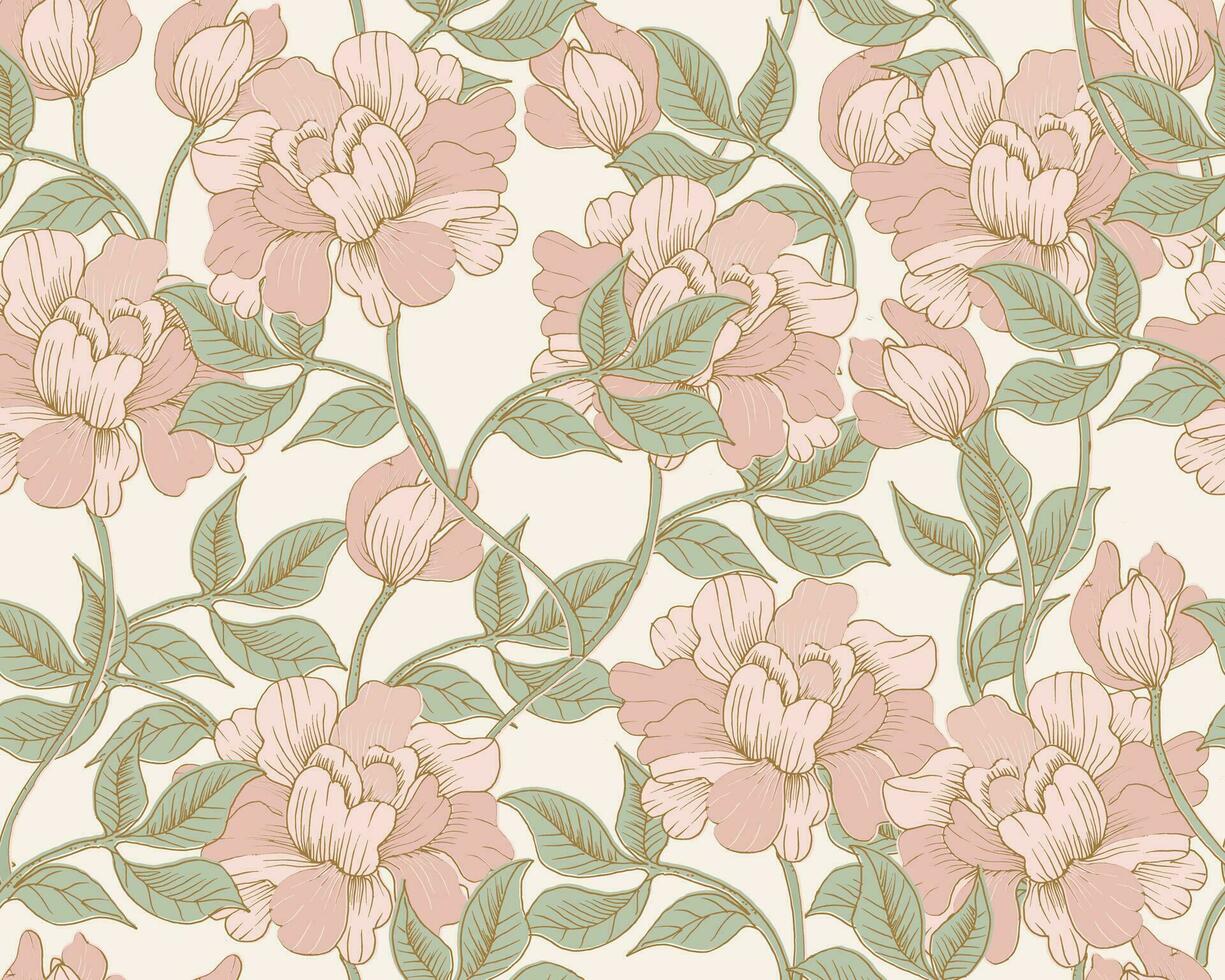 Vintage Hand Drawn Peach Rose Seamless Pattern vector