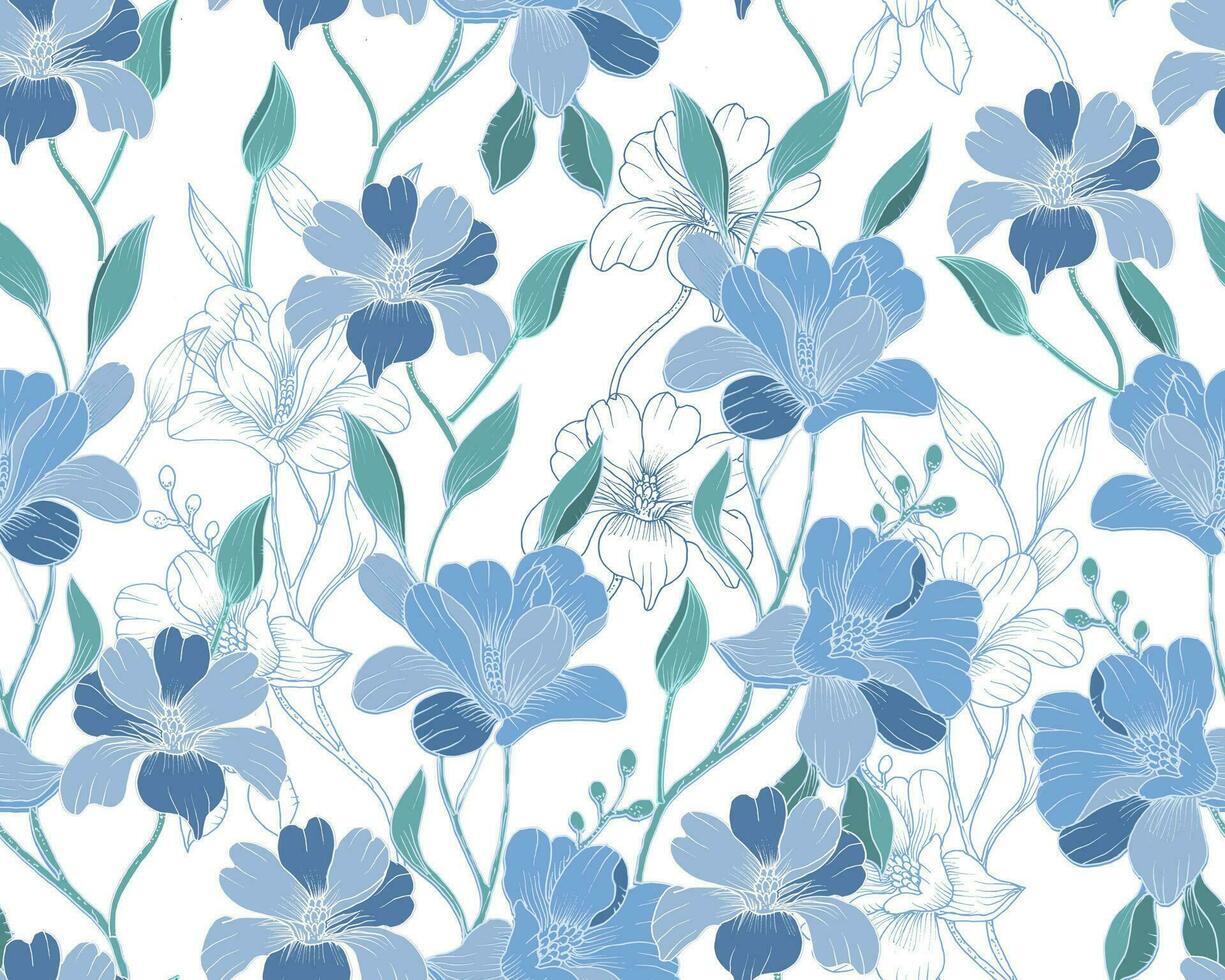 Blue Hand Drawn Flower Seamless Pattern vector