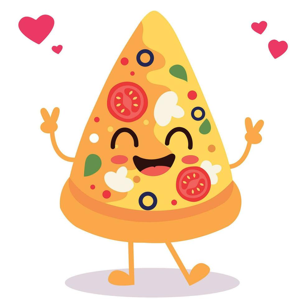 Happy smiling Kawaii cute Pizza Slice. Vector flat cartoon character illustration icon design. Isolated on white background. Pizza, fast food