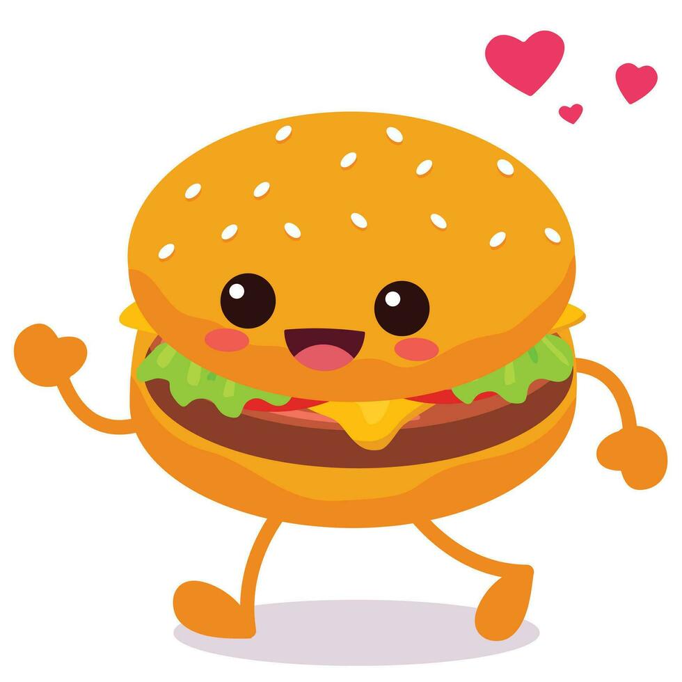 contento sonriente kawaii linda hamburguesa. vector plano dibujos animados personaje ilustración icono diseño. aislado en blanco antecedentes. hamburguesa, rápido comida