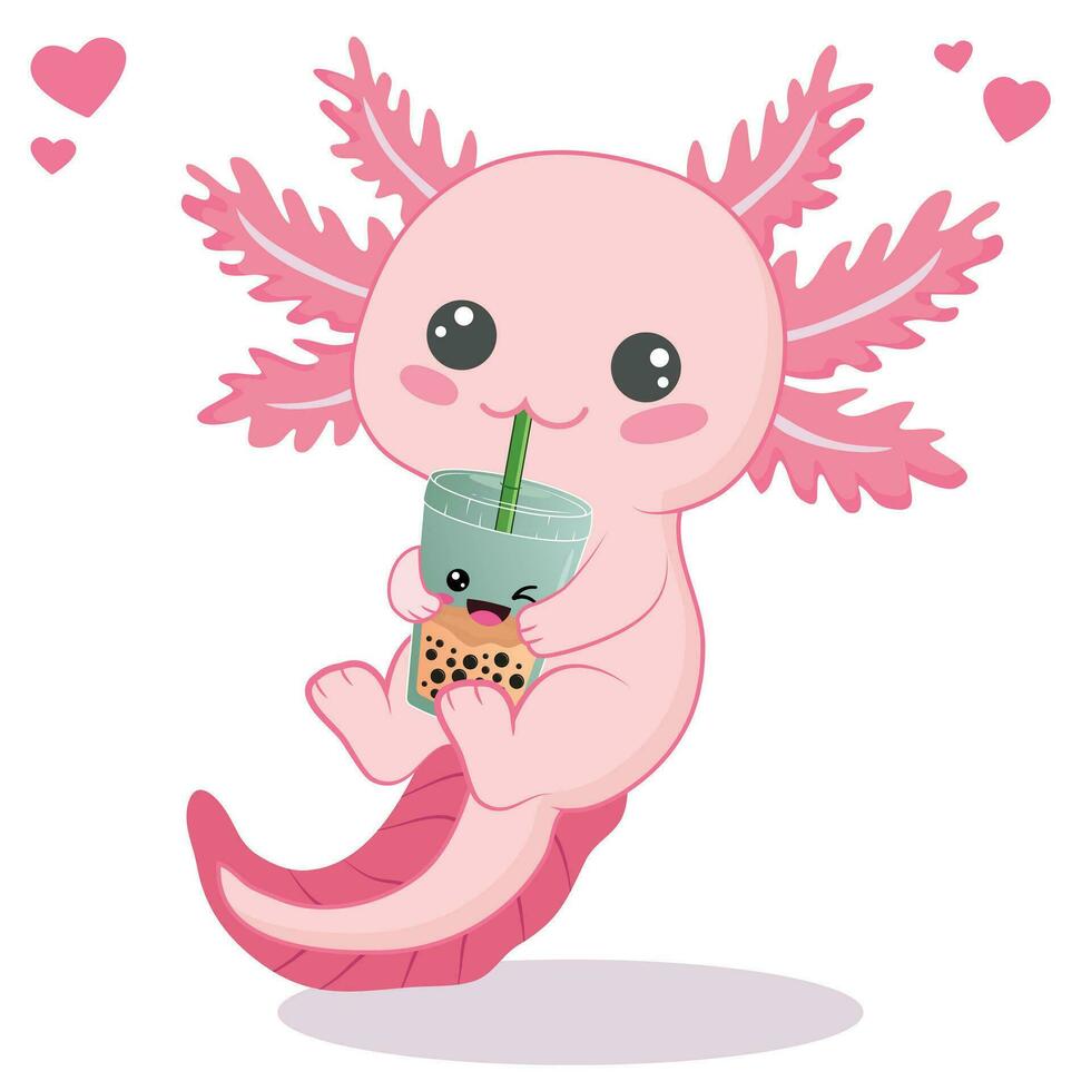 Kawaii axolotl drinking boba milk tea cartoon vector illustration