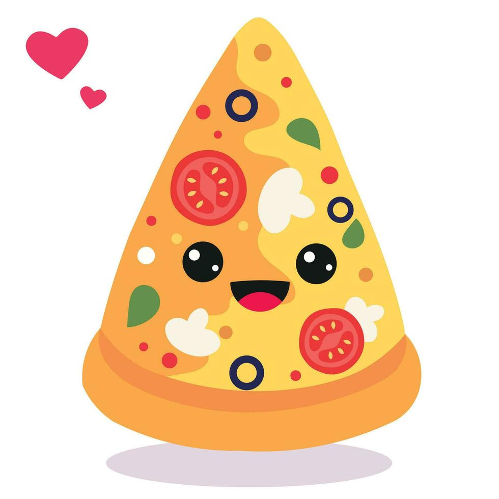 Happy smiling Kawaii cute Pizza Slice. Vector flat cartoon character illustration icon design. Isolated on white background. Pizza, fast food