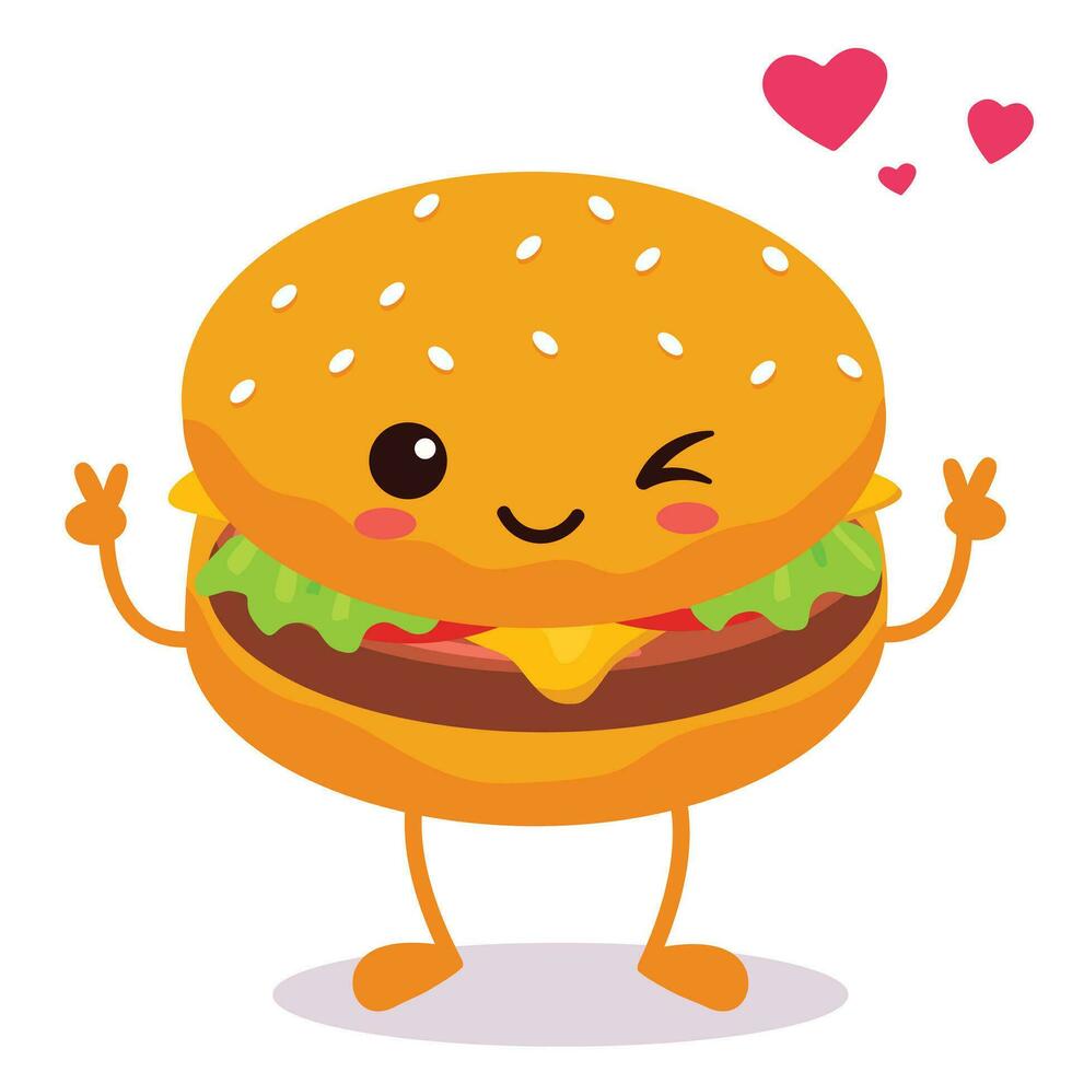 Happy smiling Kawaii cute burger. Vector flat cartoon character illustration icon design. Isolated on white background. burger, fast food