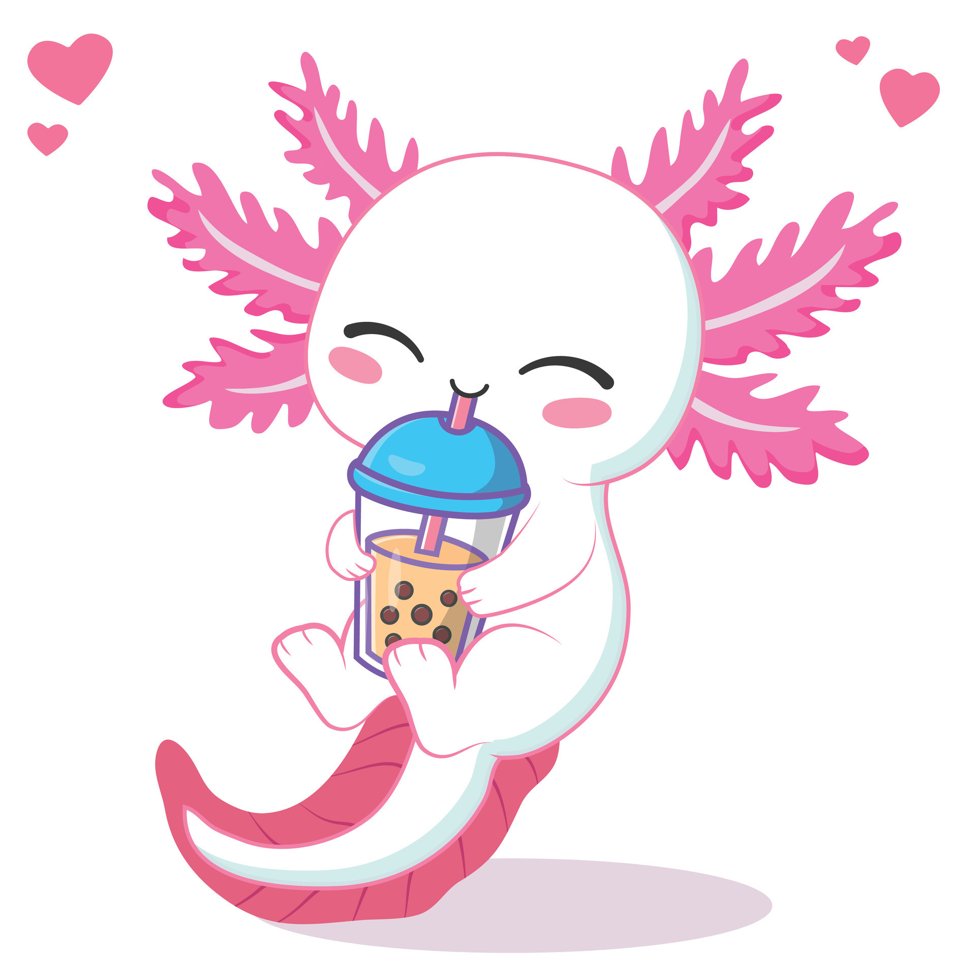 Kawaii axolotl drinking boba milk - Kawaii Axolotl Drinking Boba Milk Tea Cartoon Illustration Vector 