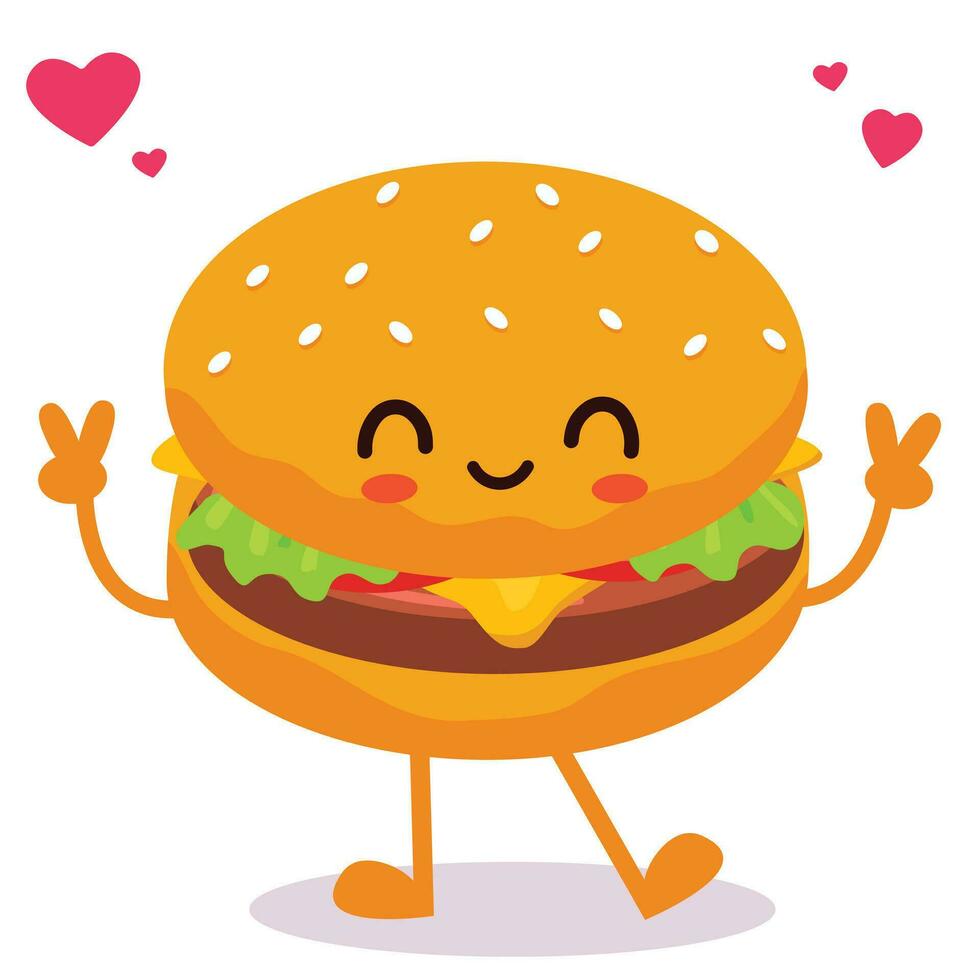 contento sonriente kawaii linda hamburguesa. vector plano dibujos animados personaje ilustración icono diseño. aislado en blanco antecedentes. hamburguesa, rápido comida