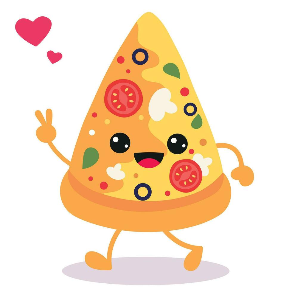 Happy smiling Kawaii cute Pizza Slice. Vector flat cartoon character illustration icon design. Isolated on white background. Pizza, fast food