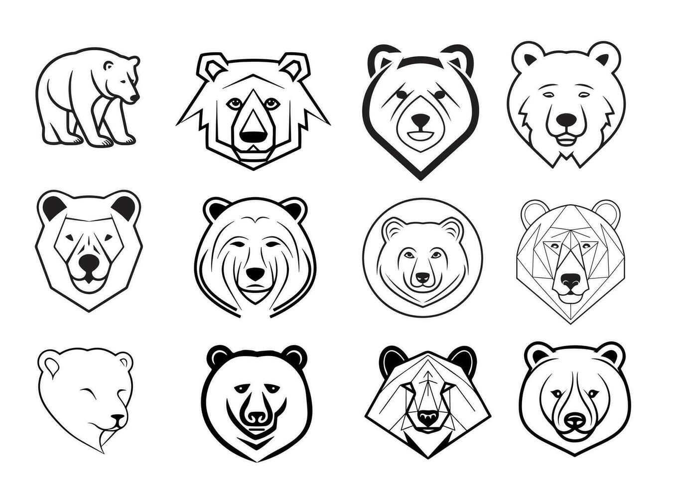 Bear head logo set sketch hand drawn in doodle style Vector illustration