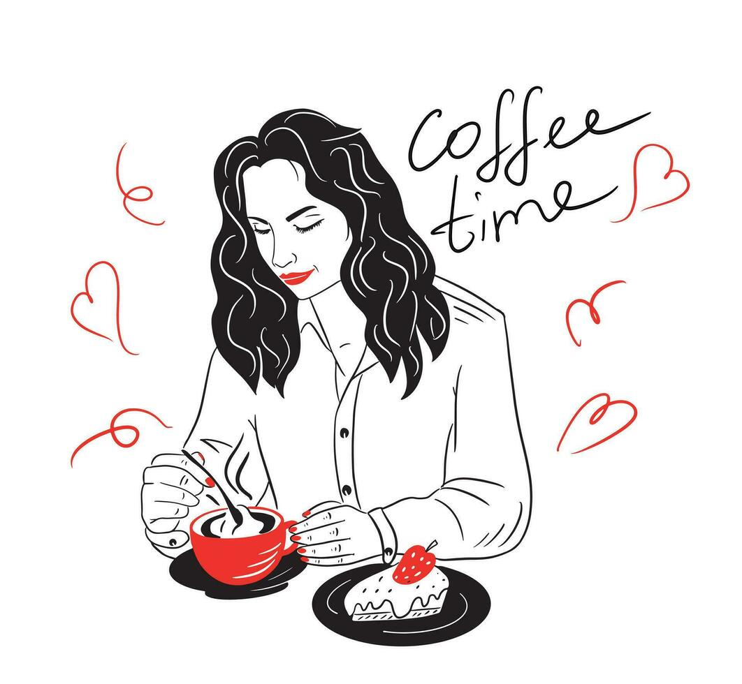 Girl drinking coffee at the table vector