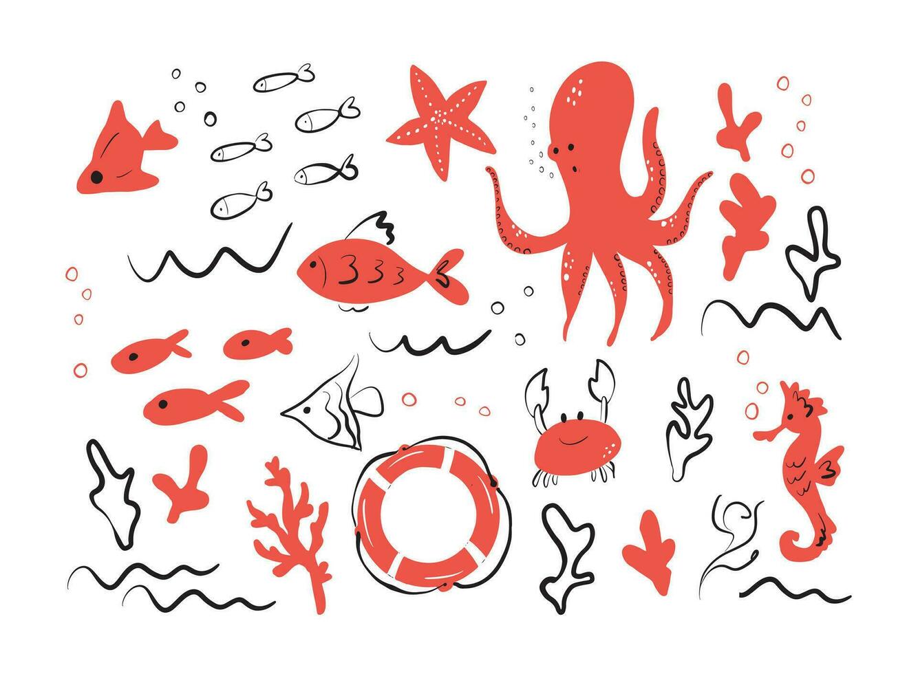 Cute cartoon octopus, crab, star, seahorse, sea life - vector cartoon illustration.Fish and seafood restaurant menu, flyer, map, business promotion.