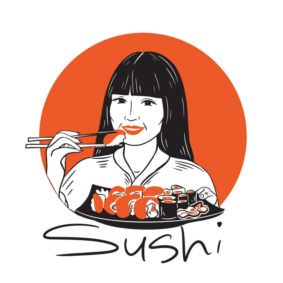 A Japanese girl holds a plate with a Japanese dish in her hands on an orange background.Logo.Vector illustration. vector