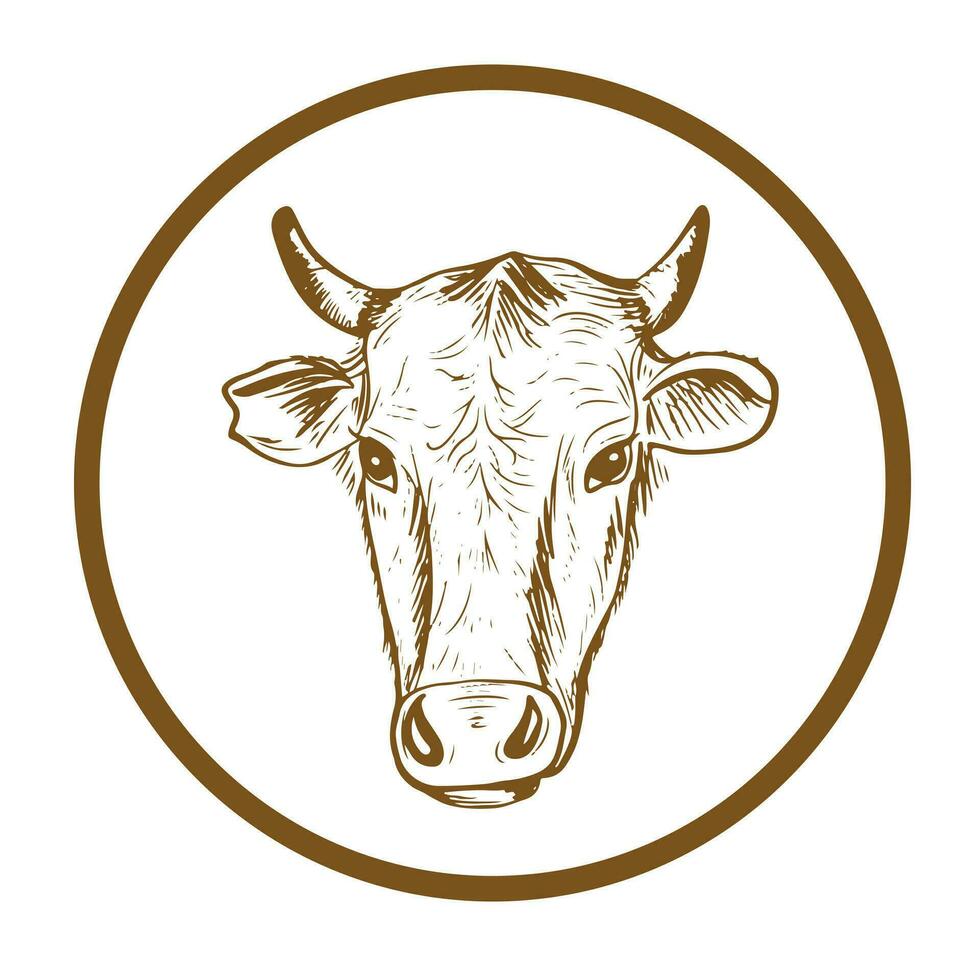 Cow head. Livestock. Sketch on a white background in a circle.Logo. Vector illustration.