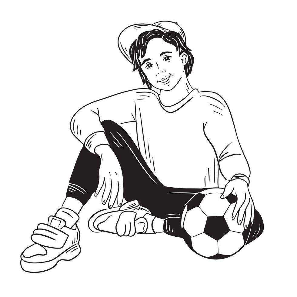 el chico se sienta en el piso y sostiene el pelota.fútbol.vector ilustración. vector