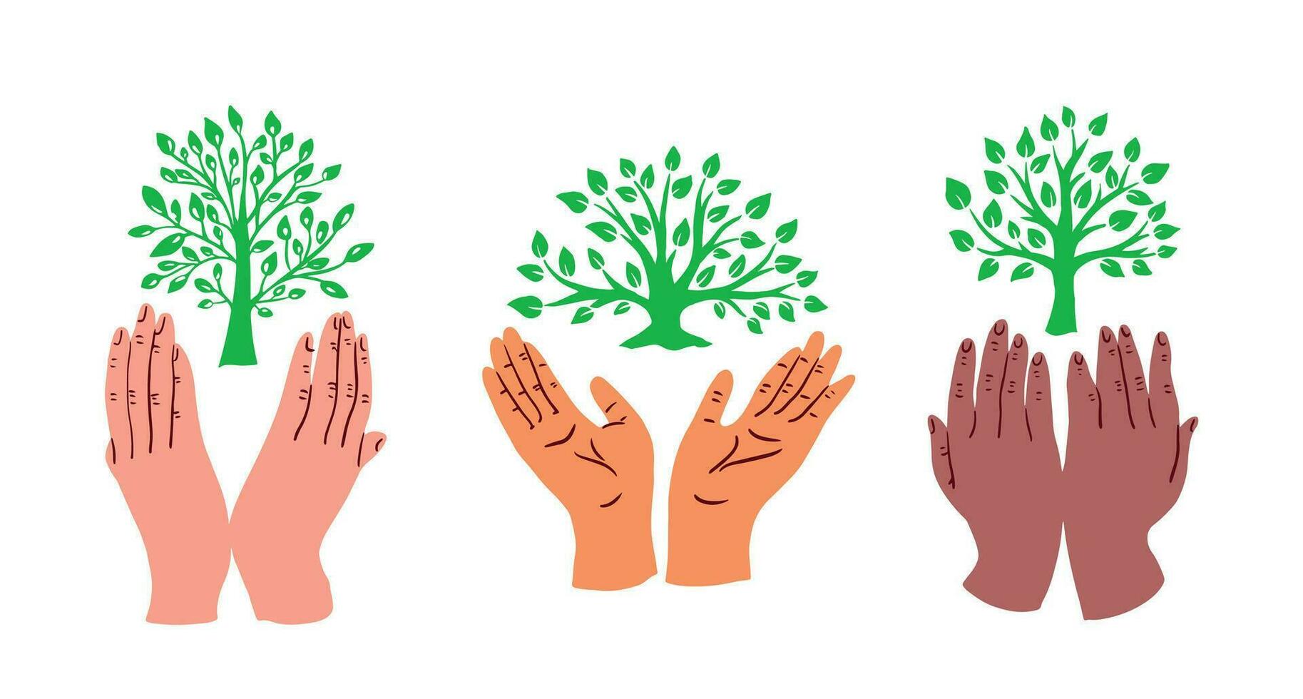 Hands of different people holding a green tree.Eco symbol.Vector illustration. vector