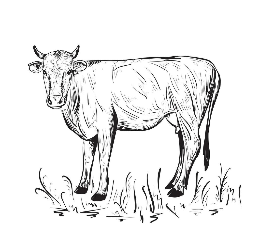 The cow is grazing in the meadow. Livestock. Sketch on white background.Vector illustration. vector