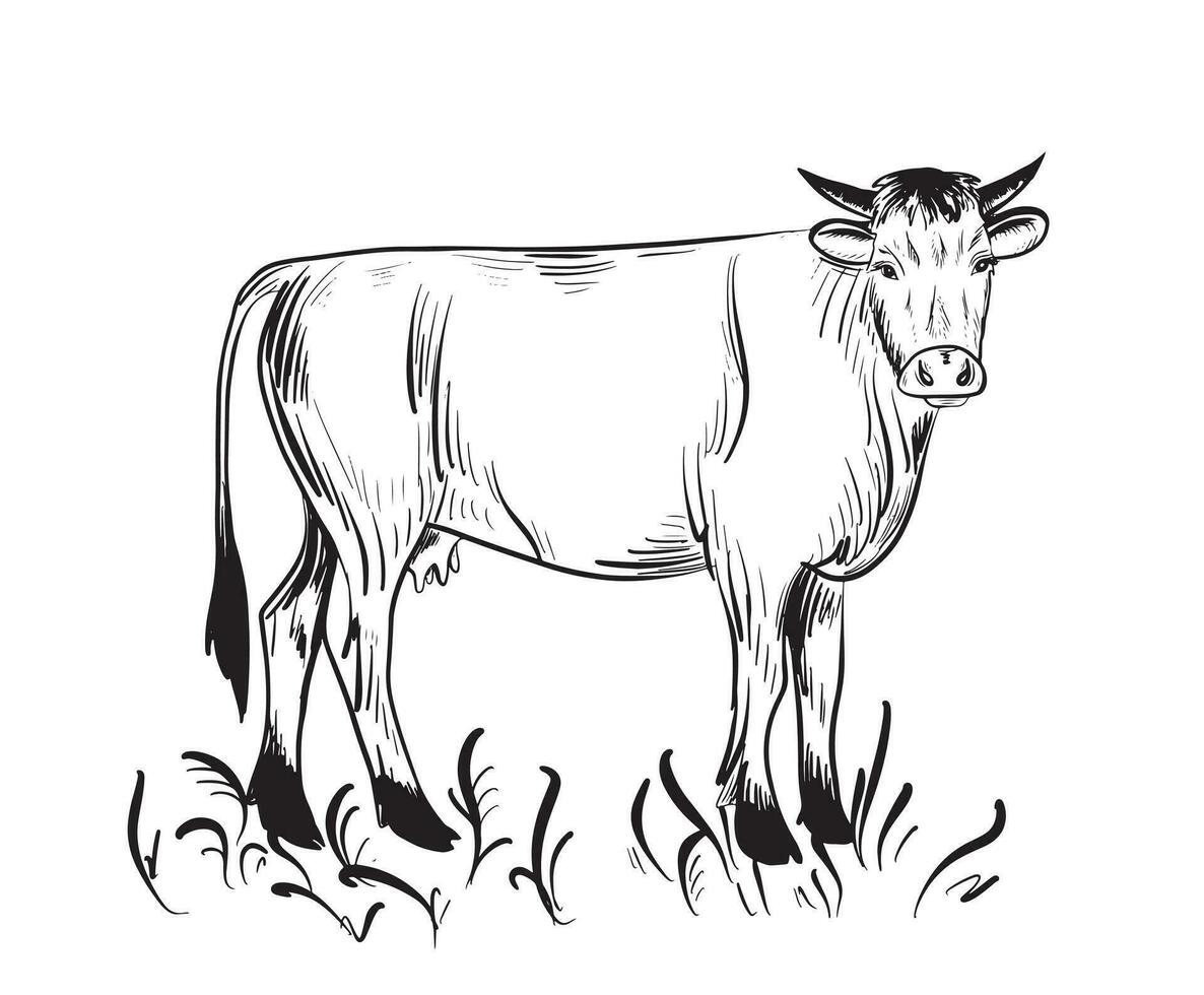 Cow grazing in the meadow. Farming. Hand drawn in doodle style.Vector illustration. vector