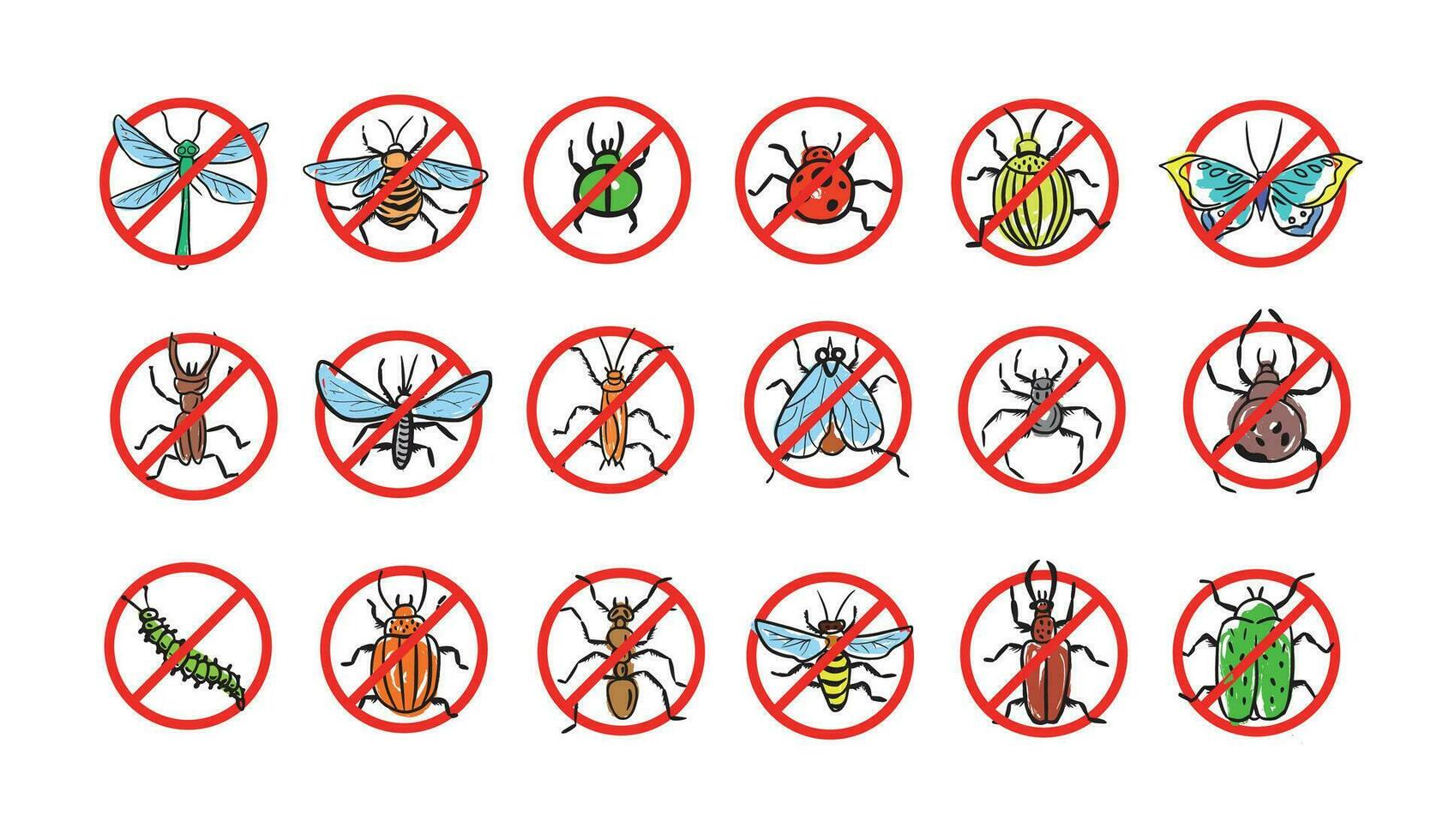 Set of isolated prohibited insects in vector.Hand made vector