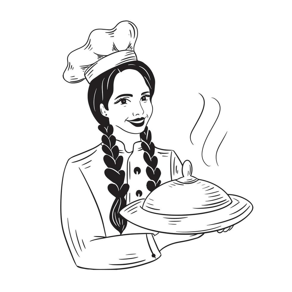 cocinero cocinar niña participación un delicioso plato en su manos.restaurante negocio concepto.vector ilustración. vector