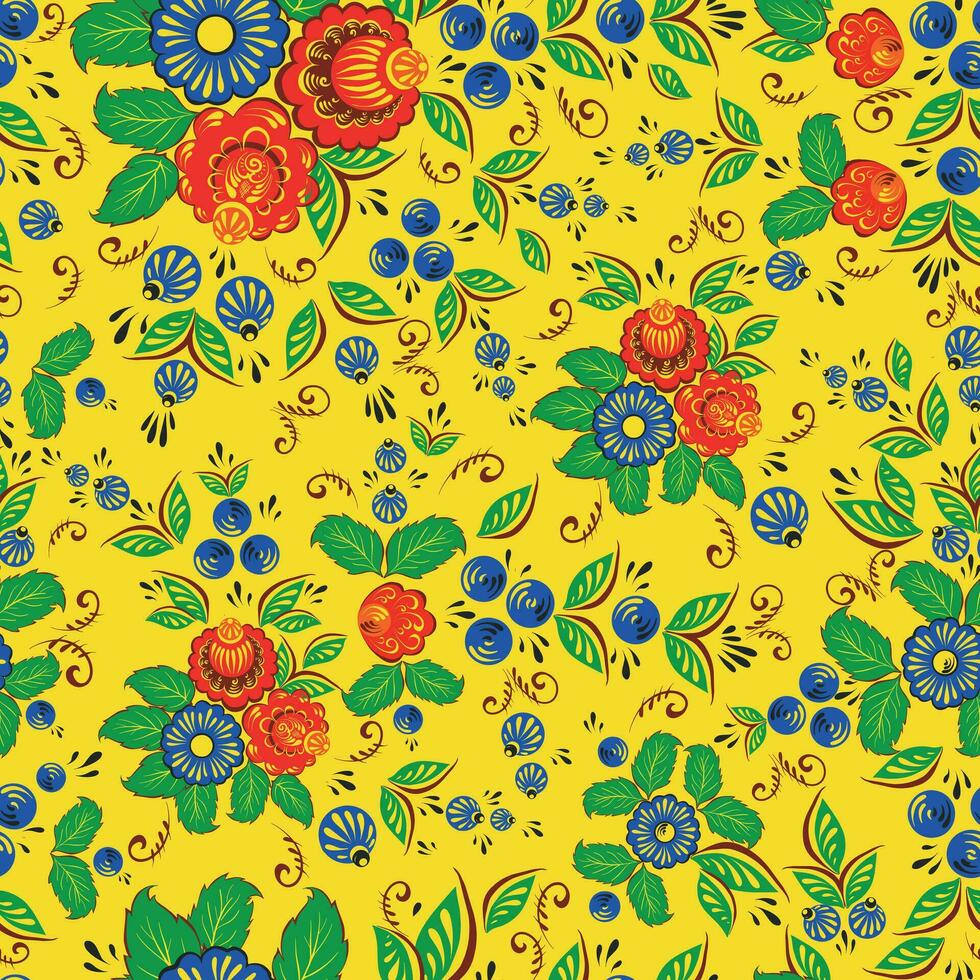 sin costura antecedentes gente arte.rojo y azul flores con verde hojas.amarillas fondo.vector ilustración. vector