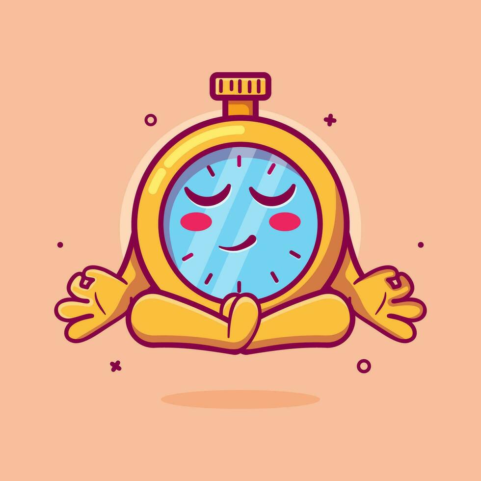 calm stopwatch character mascot with yoga meditation pose isolated cartoon in flat style design vector