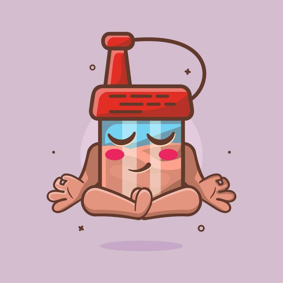 calma soja salsa botella personaje mascota con yoga meditación actitud aislado dibujos animados en plano estilo diseño vector