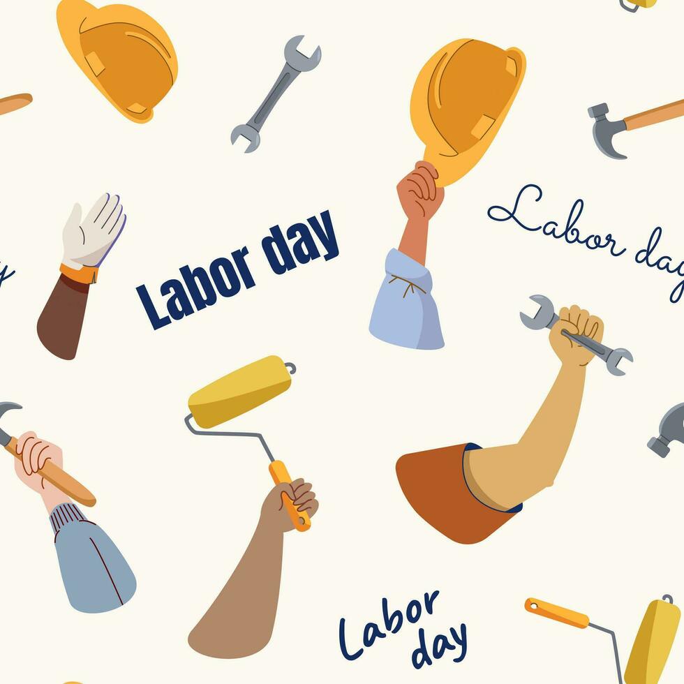 Labor day doodle seamless pattern or background. Different workers hands holding tools. Painter, builder mechanic. Modern flat vector print design.