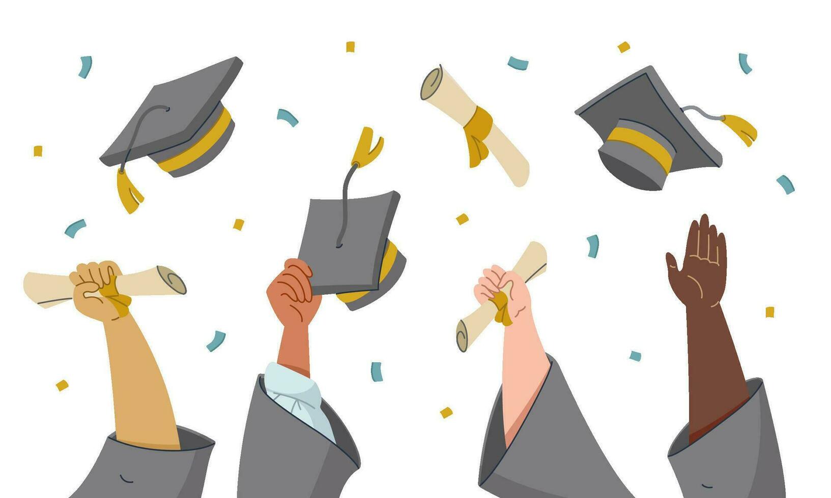 Students celebrating graduation with hands up holding and throwing caps and diplomas in the air. Modern flat cartoon vector illustration elements set on white background. Horizontal banner or poster.