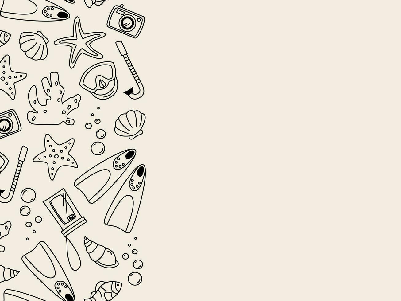 Summer vacation doodle seamless border. Simple line snorkel, mask, flippers, lifebuoy and sea shells drawings on beige background with place for text. Outline vector illustration.