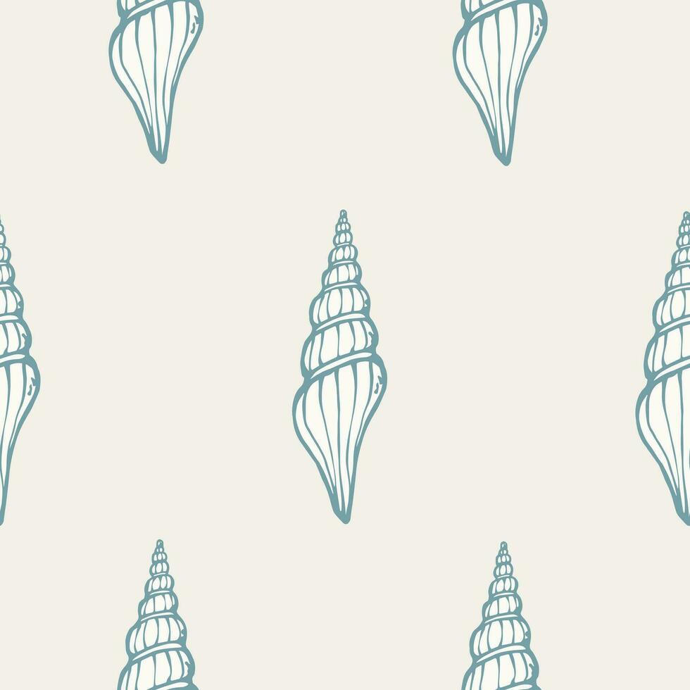 Spiral seashells hand drawn seamless pattern. Pastel marine textile or bathroom wallpapers print with hand drawn conch shells. Endless background design for wrapping. Vector illustration.