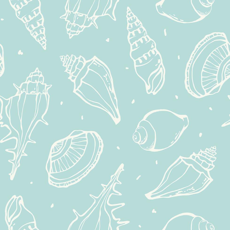 Hand drawn Sea shells seamless pattern. Summer marine print design with white line seashells sketch drawings on azure blue background. Bathroom wallpapers, textile pattern. Vector illustration.