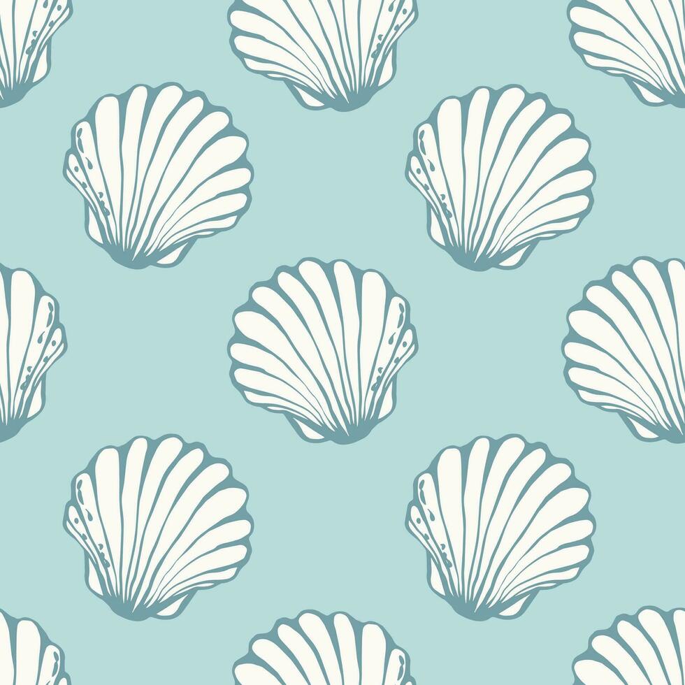 Scallop seashells seamless pattern. Marine textile or bathroom wallpapers print design with hand drawn cockle shells on blue background. Vector illustration.
