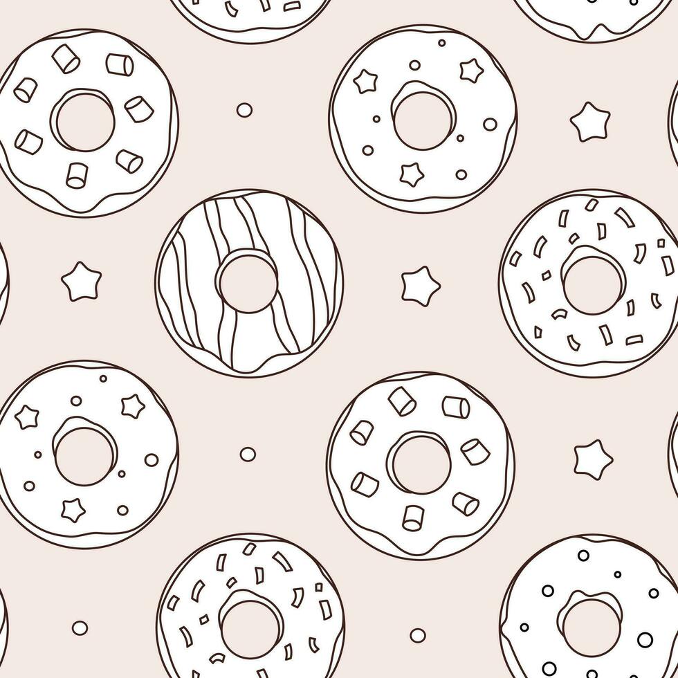 Doodle donuts seamless pattern. Various outline doughnuts and stars on pastel pale pink background. Hand drawn minimal endless kitchen textile or wallpapers print design. Vector illustration.