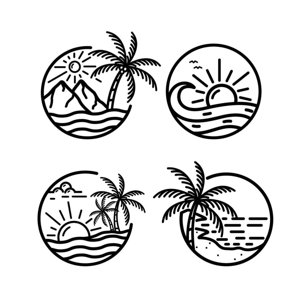 establecer olas oceánicas isla tropical y palmera logo línea arte vector ilustración