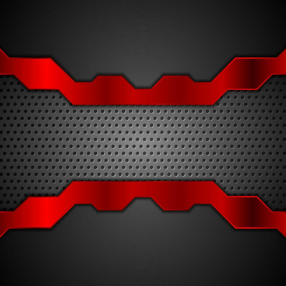 Dark metal perforated background with red stripes vector