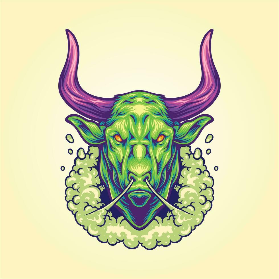 Intimidating bull head exhaling smoke ominous presence illustrations vector illustrations for your work logo, merchandise t-shirt, stickers and label designs, poster, greeting cards advertising